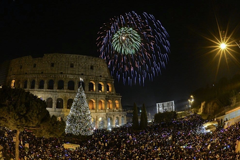 The Colosseum and via Dei Fori Imperiali on New Years Eve in Rome