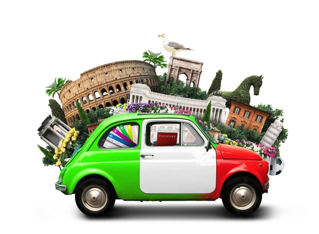 image of Italian vintage car with Italian colors and famous landmarks in Italy behind it.