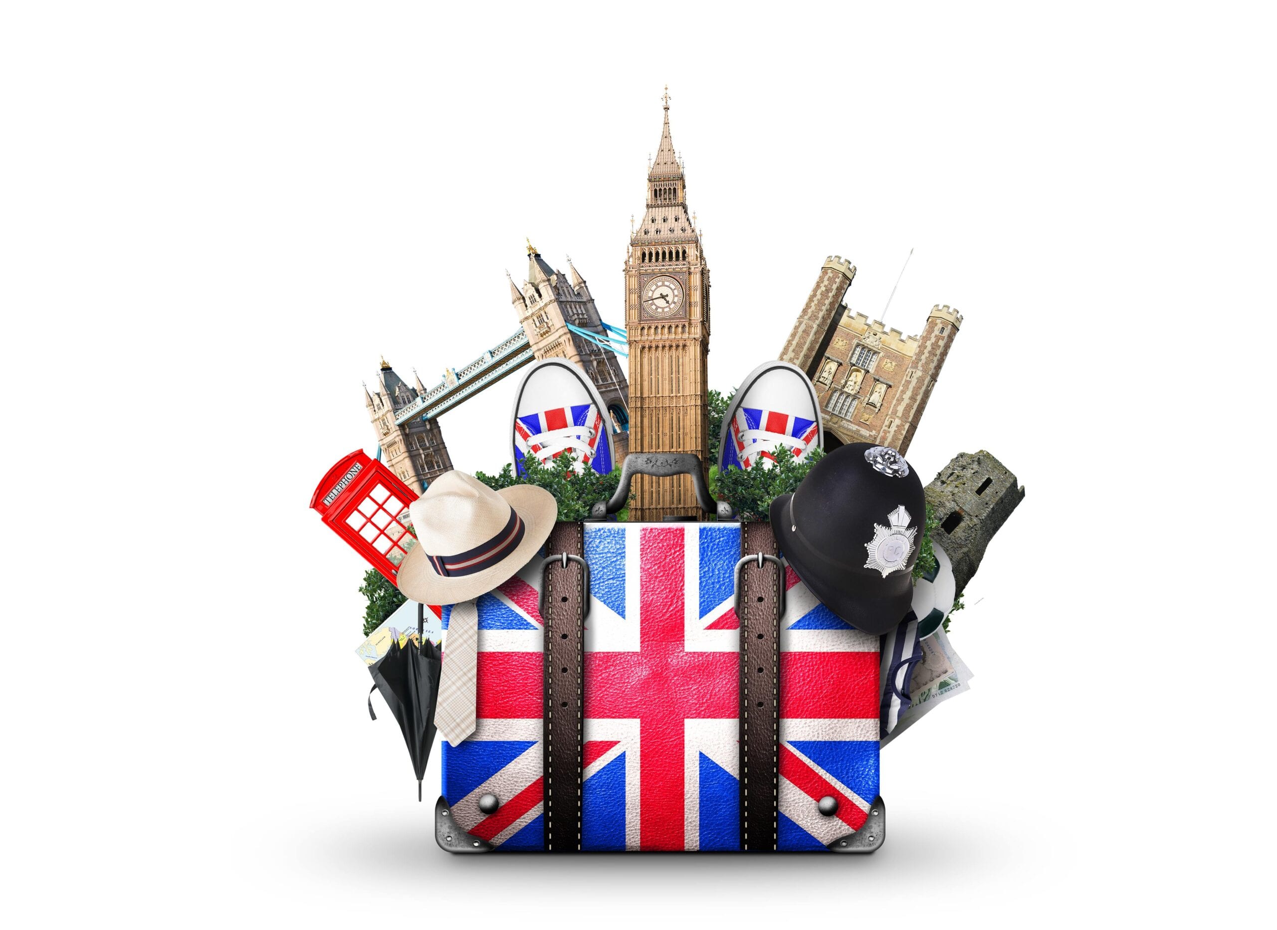 Image of a suitcase with England flag and England landmarks in the background
