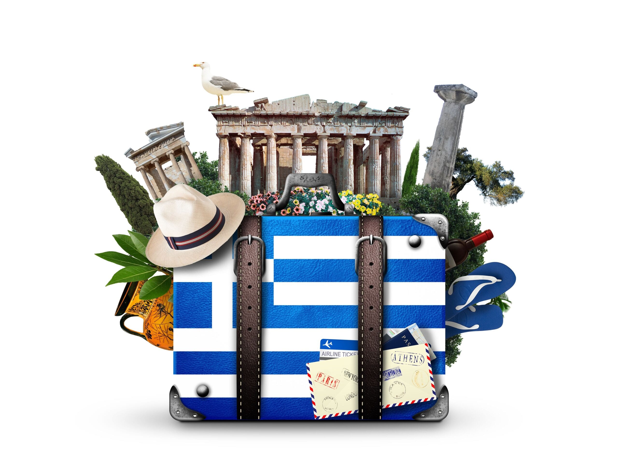Image of a suitcase with Greece flag and Greece landmarks in the background