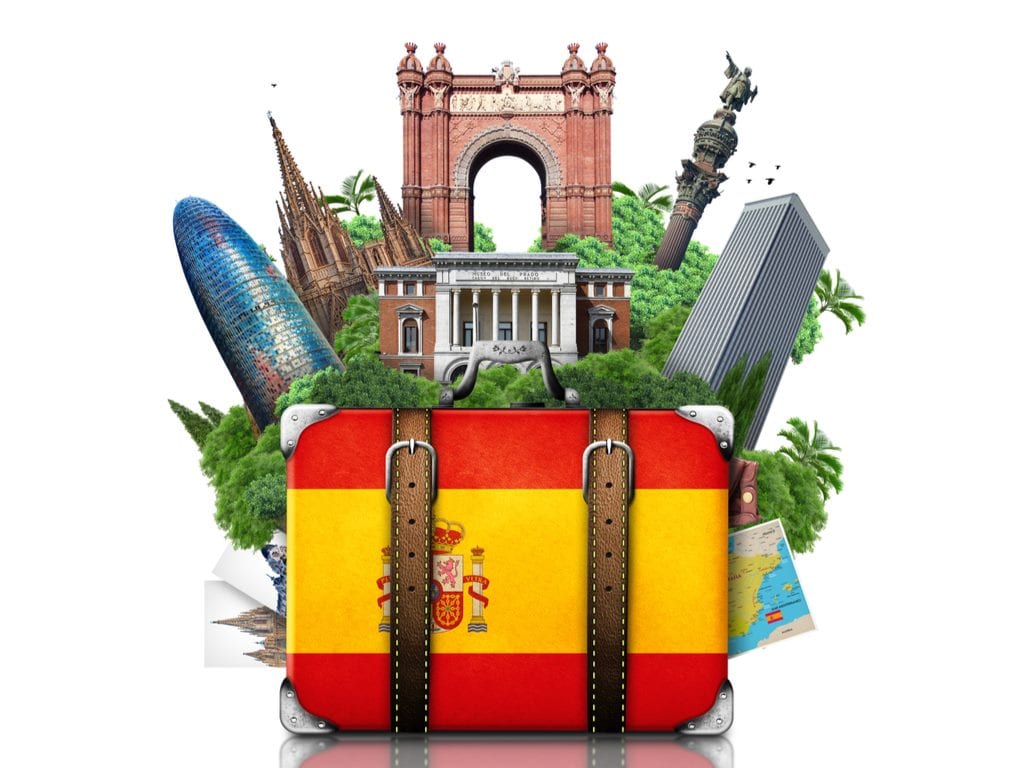 Image of a suitcase with Spain flag and Spain landmarks in the background