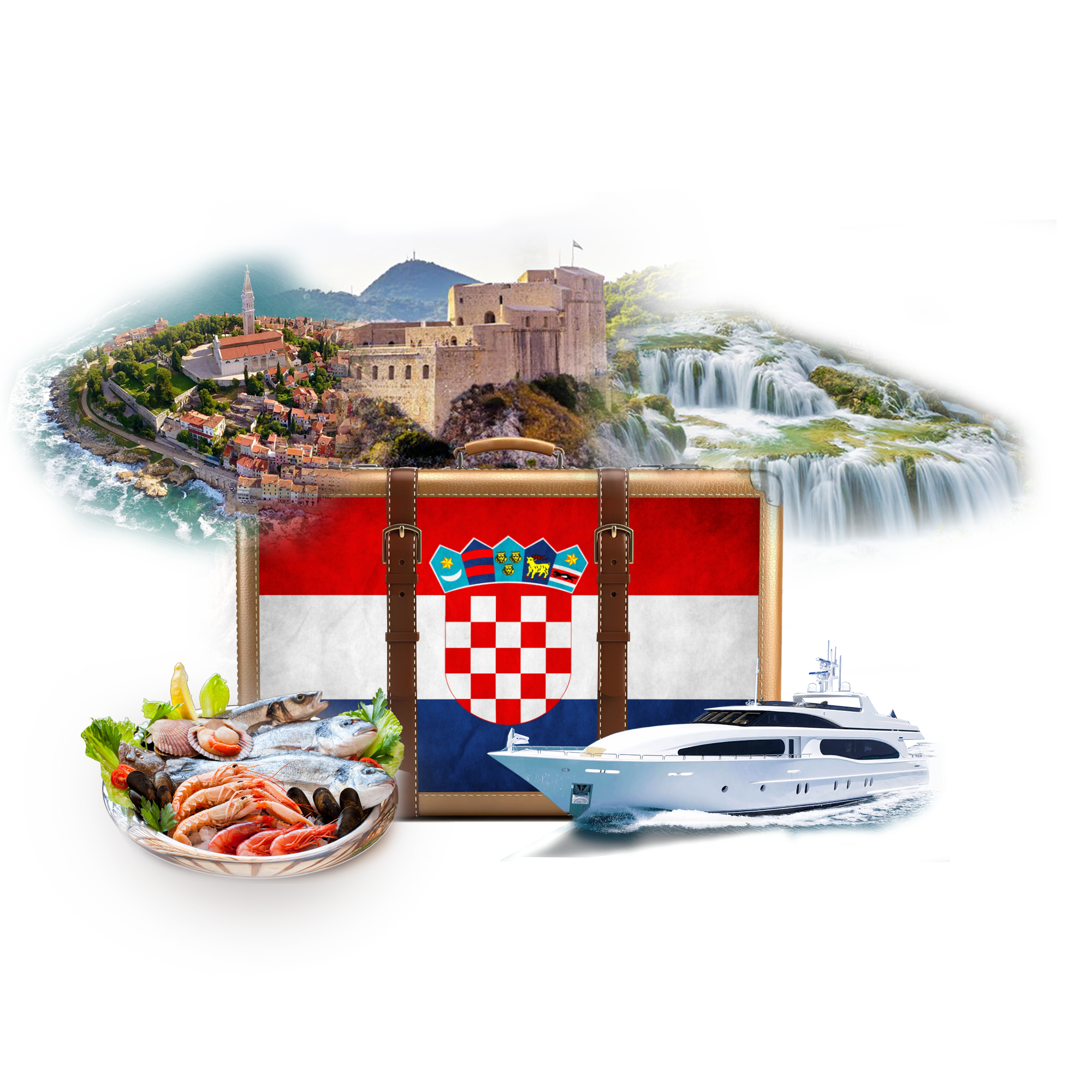 Image of a suitcase with Croatia flag and Croatia landmarks in the background